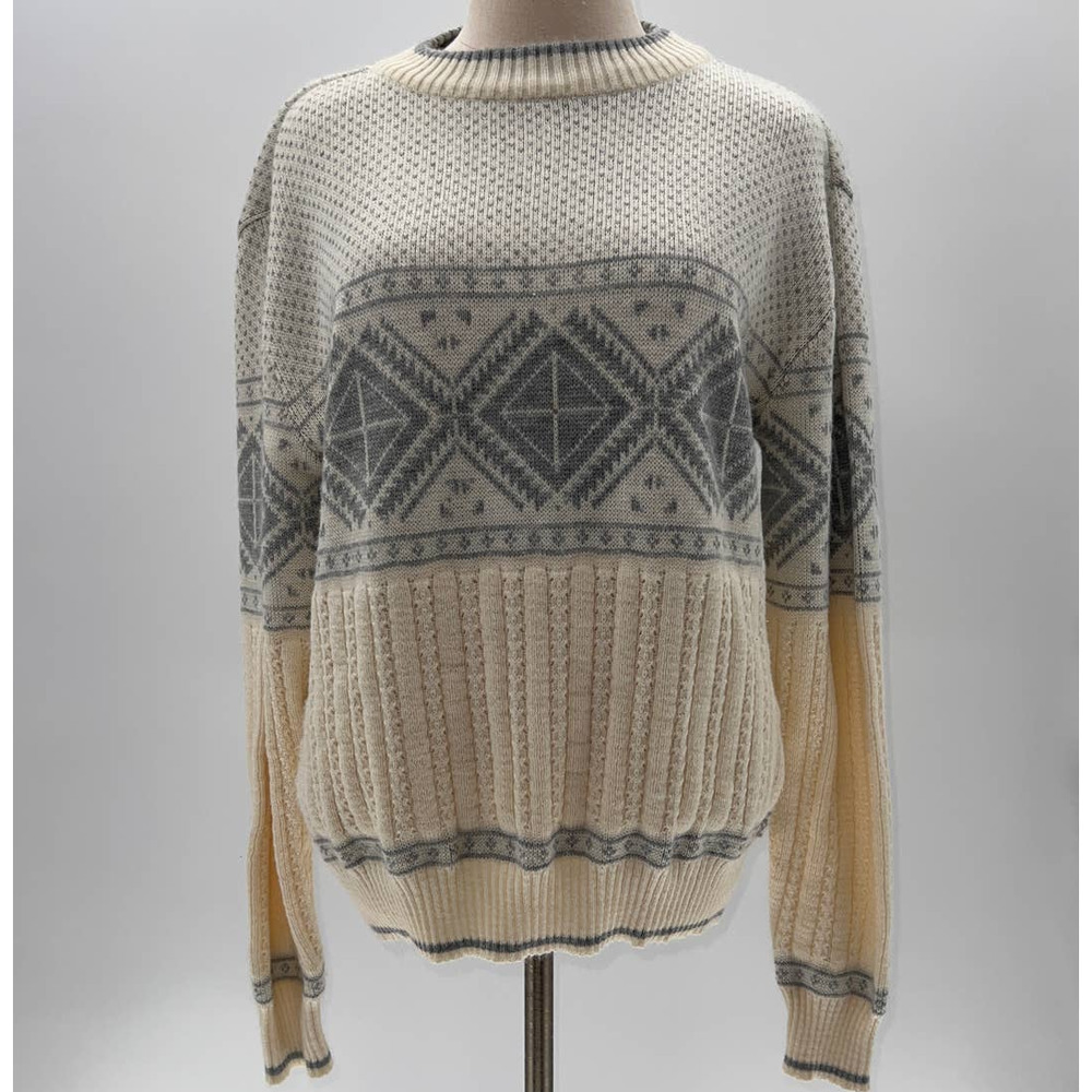 Vintage Flatiron Mills Cream/Gray Scoop Neck Pull Over Grandpa Sweater- M